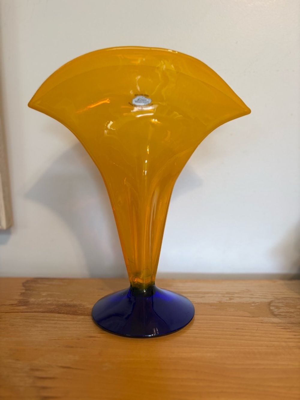 Vintage Blenko Glass 872 Fan Vase In Opaline Yellow/Cobalt 12.25” W/label